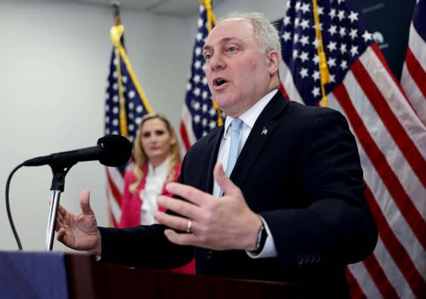 PHOTO: FILE - U.S. House Majority Leader Steve Scalise speaks to reporters at the U.S. Capitol, Jan. 31, 2023 in Washington, DC. (Kevin Dietsch/Getty Images, FILE)