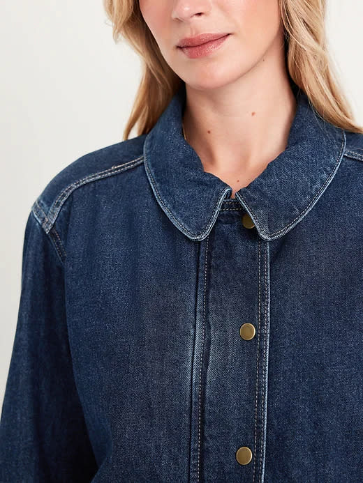 a close up of the Relaxed Jean Barn Jacket from Old Navy 