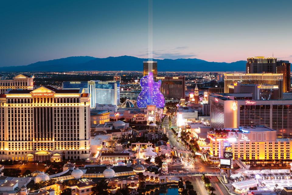 A rendering of the Las Vegas Strip with a Guitar-shaped hotel planned by Hard Rock International.