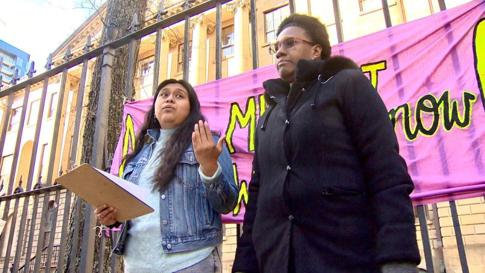 Stacey Gomez (left) and Kerian Burnett addressed the media outside the Nova Scotia Legislature on Monday.