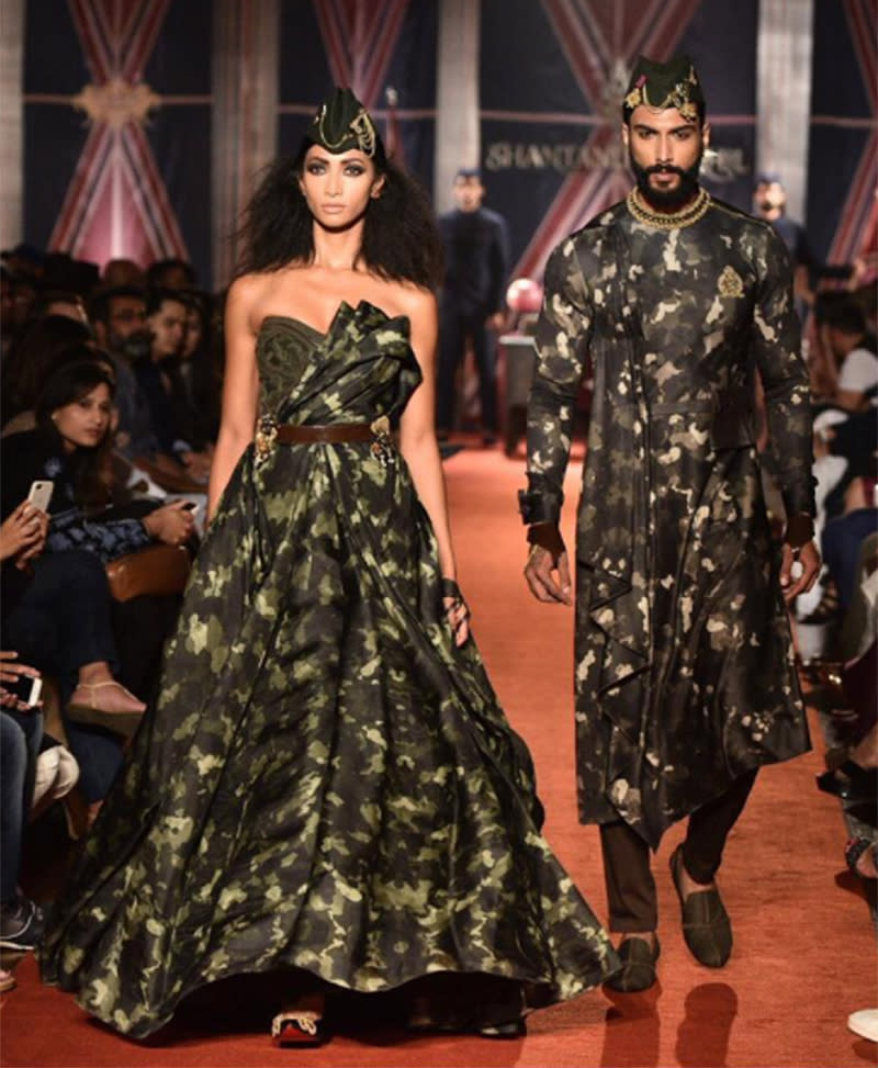 Indian designers Shantanu and Nikhil debut a camouflage wedding dress.