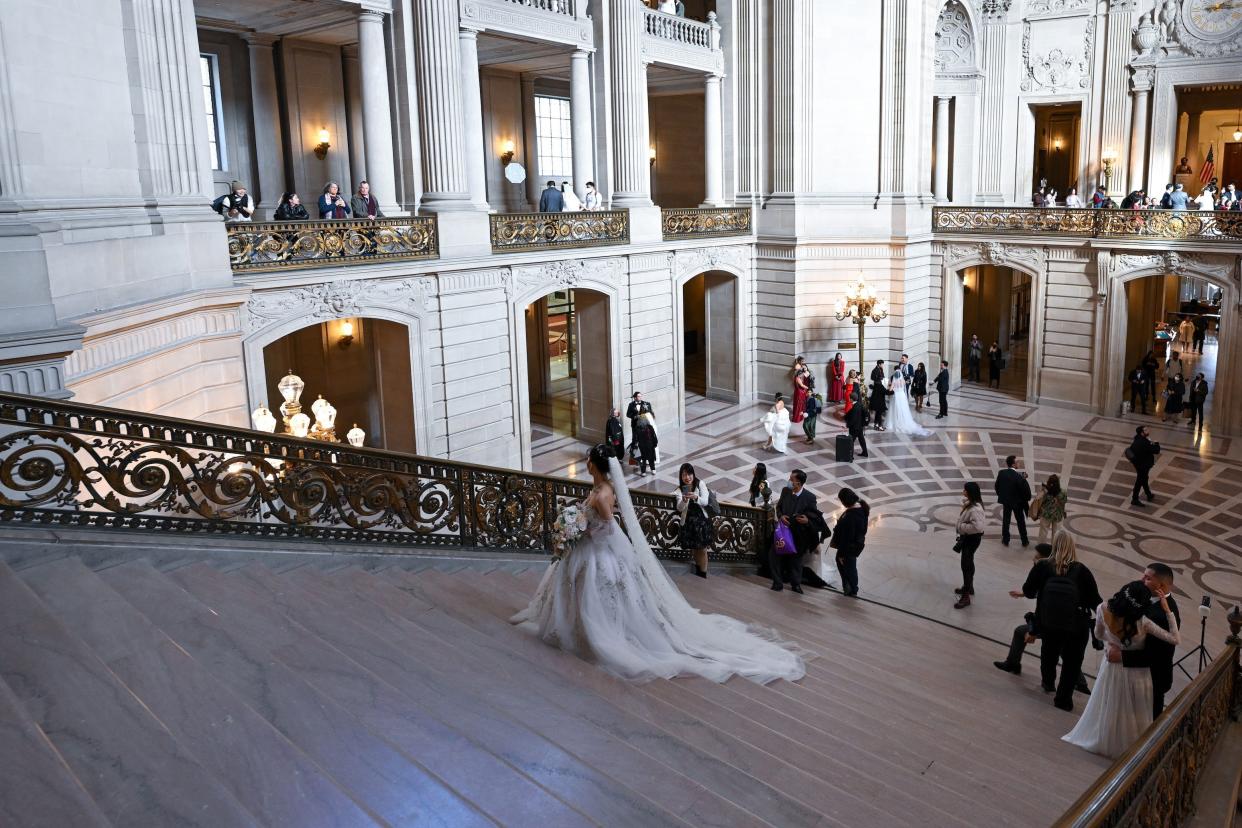 A bride in San Francisco City Hall on Valentine's Day 2023.