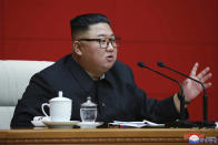 In this photo provided by the North Korean government, North Korean leader Kim Jong Un attends a ruling party meeting in Pyongyang, North Korea, Thursday, Aug. 13 2020. Independent journalists were not given access to cover the event depicted in this image distributed by the North Korean government. The content of this image is as provided and cannot be independently verified. Korean language watermark on image as provided by source reads: "KCNA" which is the abbreviation for Korean Central News Agency. (Korean Central News Agency/Korea News Service via AP)