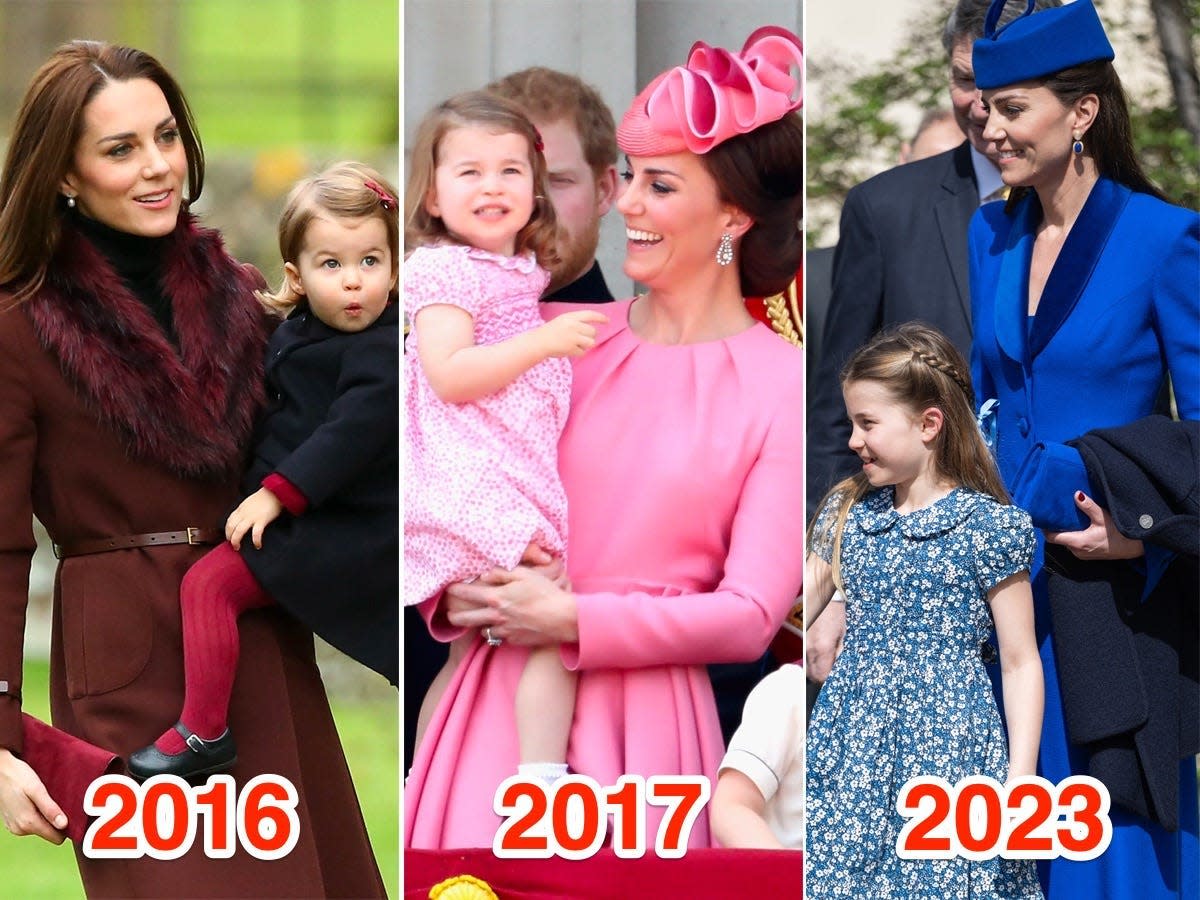Three photos of Kate Middleton and Princess Charlotte in coordinating outfits.