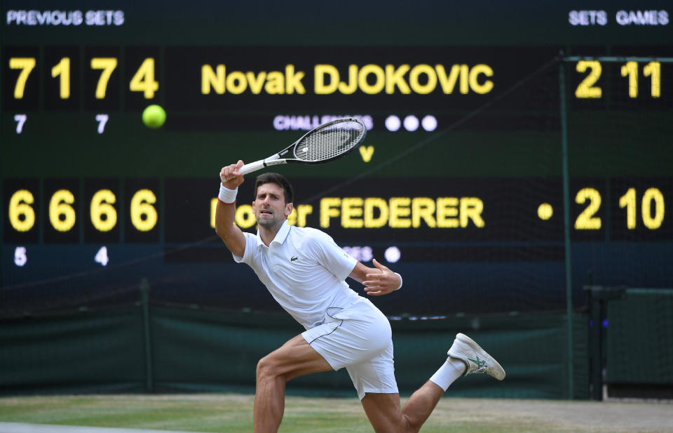 Tennis - Wimbledon - All England Lawn Tennis and Croquet Club, London, Britain - July 14, 2019  Serbia's Novak Djokovic in action during the final against Switzerland's Roger Federer  REUTERS/Toby Melville