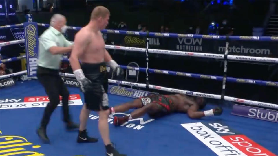 Seen here, Dillian Whyte lies on the canvas after the fifth round KO against Alexander Povetkin.