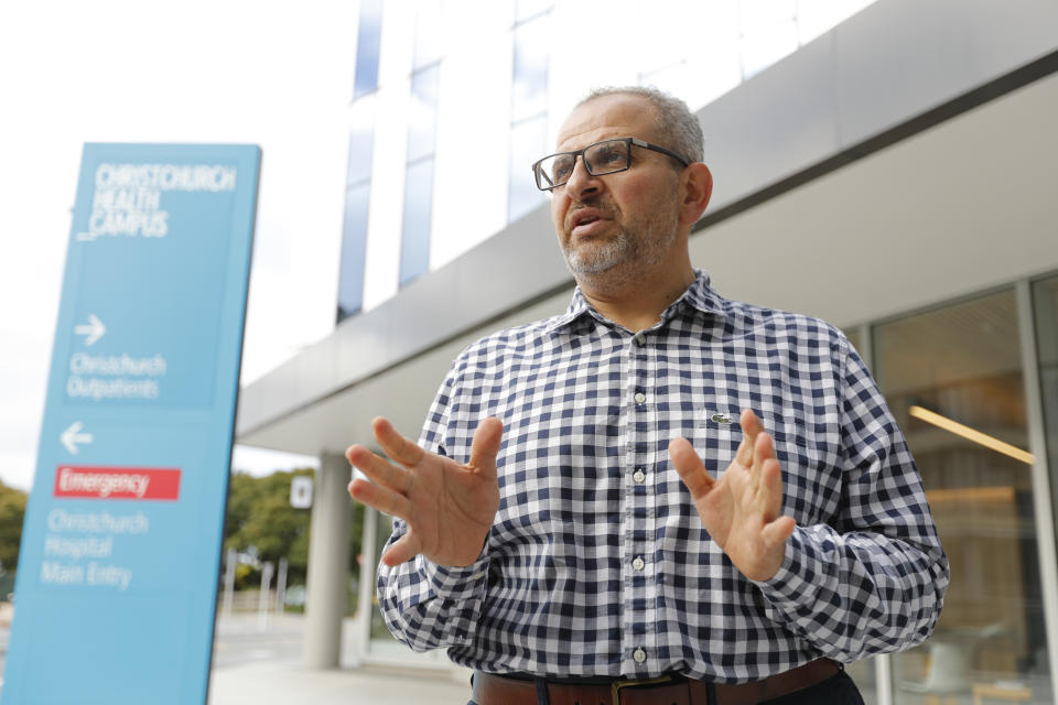 In this Thursday, March 21, 2019, photo, Dr. Adib Khanfer, surgeon of hospital Christchurch speaks during an interview with Associated Press in Christchurch, New Zealand. Khanafer says he was in shock last Friday when he walked into the operating theater and saw a 4-year-old girl on the table who had suffered gunshot wounds so severe she’d been in cardiac arrest for 30 minutes before stabilizing. Khanafer, who is Muslim, knew some of the 50 people killed in last week’s attacks at two Christchurch mosques. The surgery was successful, although the girl remains in critical condition. (AP Photo/Vincent Thian)