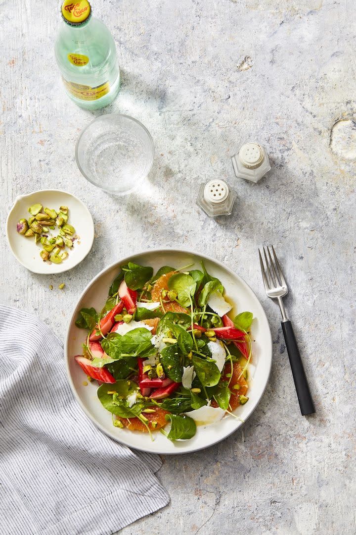 <p>Balance out the creamy and spicy flavors on your plate with this tangy salad, complete with fresh rhubarb and Cara Cara oranges.</p><p>Get the <a href="https://www.goodhousekeeping.com/food-recipes/a27308146/rhubarb-and-citrus-salad-with-black-pepper-vinaigrette-recipe/" rel="nofollow noopener" target="_blank" data-ylk="slk:Rhubarb and Citrus Salad with Black Pepper Vinaigrette recipe;elm:context_link;itc:0;sec:content-canvas" class="link "><strong>Rhubarb and Citrus Salad with Black Pepper Vinaigrette recipe</strong></a>.</p>