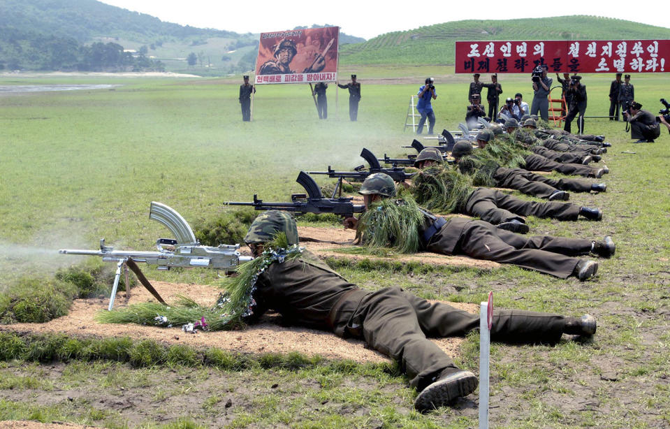 <p>A live-bullet firing demonstration is held by service personnel from the Korean People’s Army (KPA) at the Sinchon Museum in South Hwanghae Province in this undated photo. (KCNA/Reuters) </p>