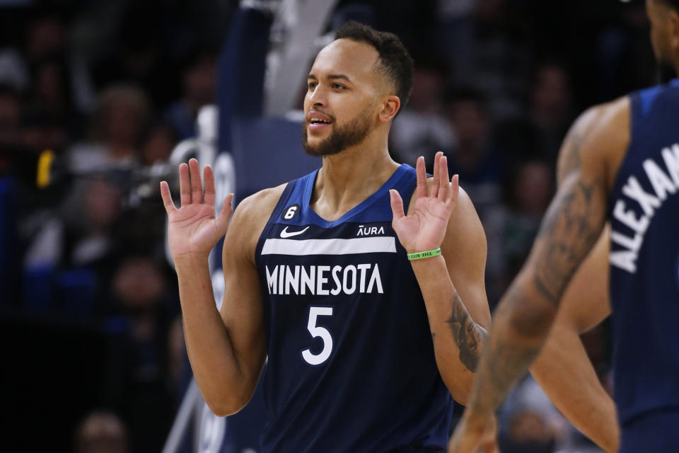 Minnesota Timberwolves forward Kyle Anderson reacts to the technical foul assessed to him during the fourth quarter of the team's NBA basketball game with the Boston Celtics on Wednesday, March 15, 2023, in Minneapolis. The Celtics won 104-102. (AP Photo/Bruce Kluckhohn)