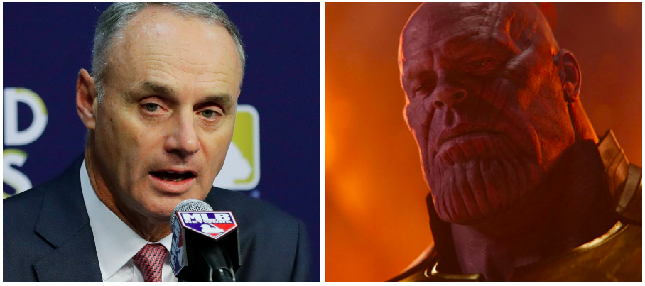 Rob Manfred might be at war with the players soon. (Photos via AP and Marvel)