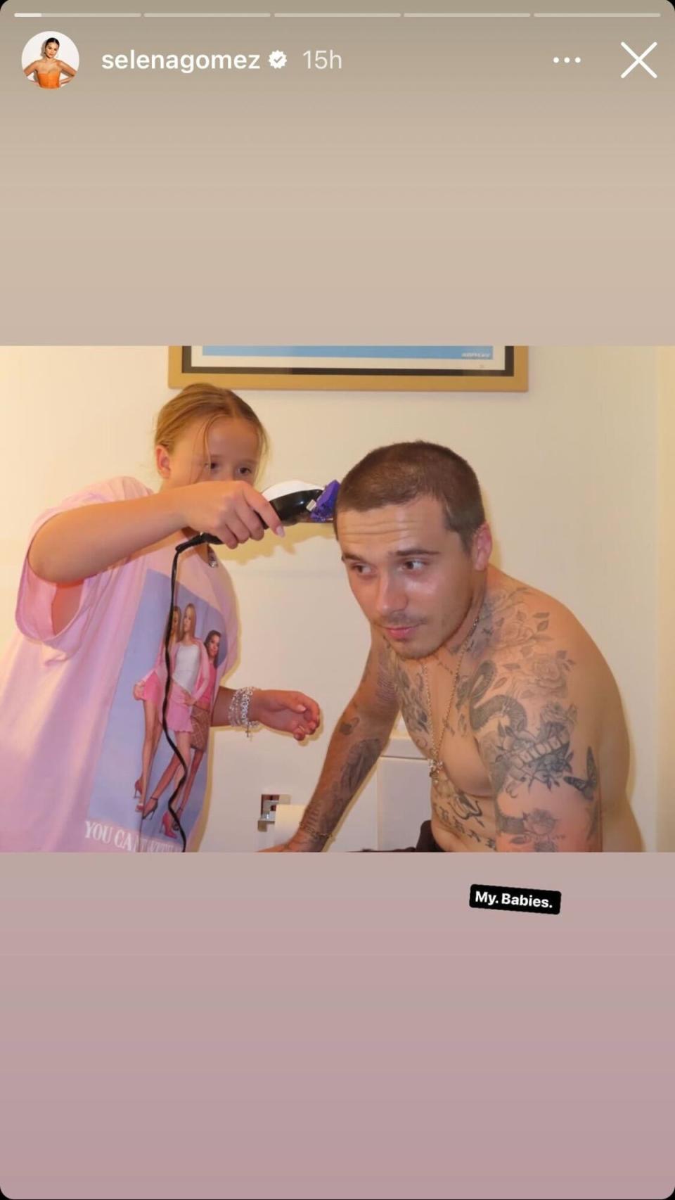 Selena Gomez’s 10-year-old sister Gracie carefully shaves Brooklyn Beckham’s head (Instagram/Selena Gomez)
