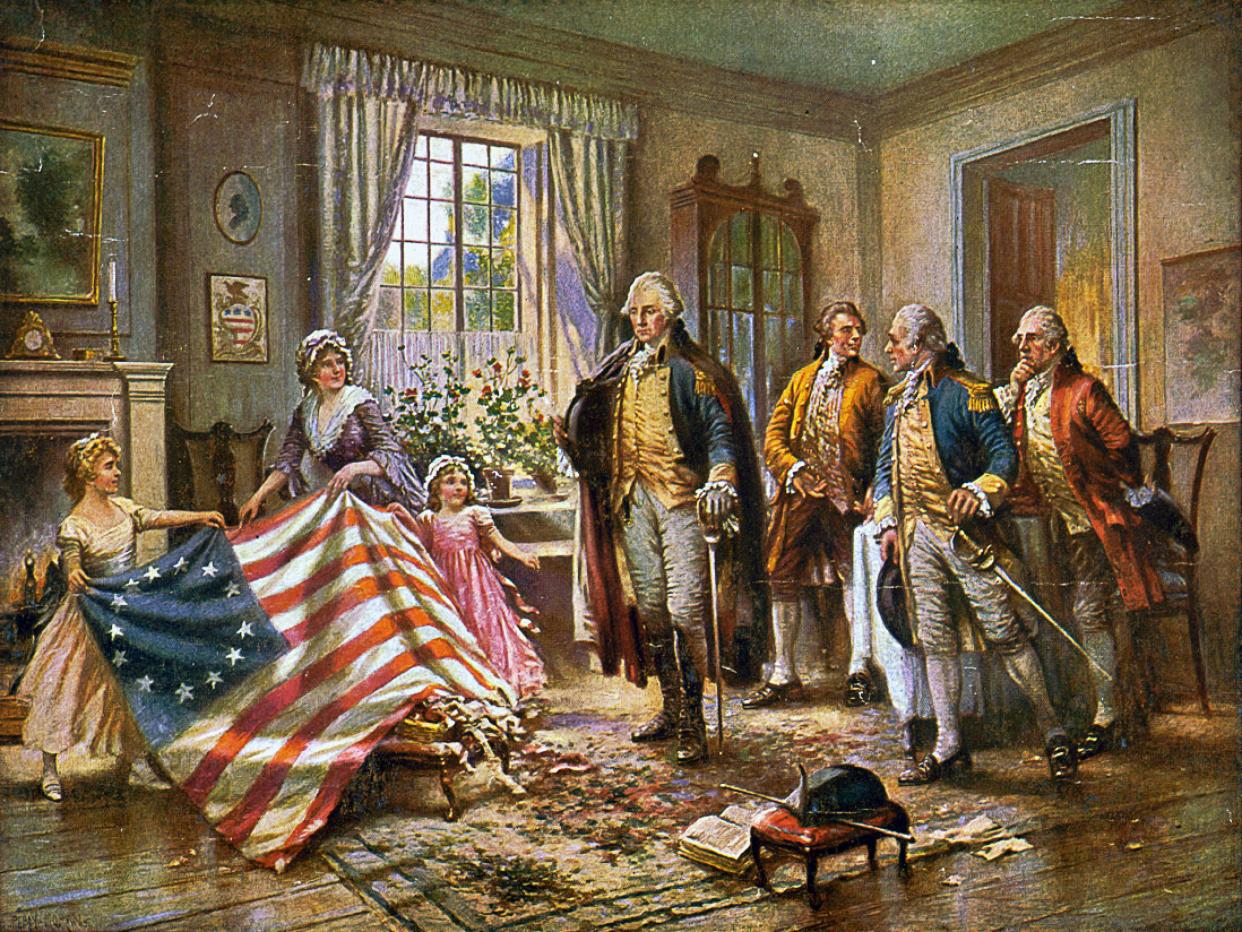 Painting depicting the story of Betsy Ross presenting the first American flag to General George Washington, by Edward Percy Moran, c. 1917