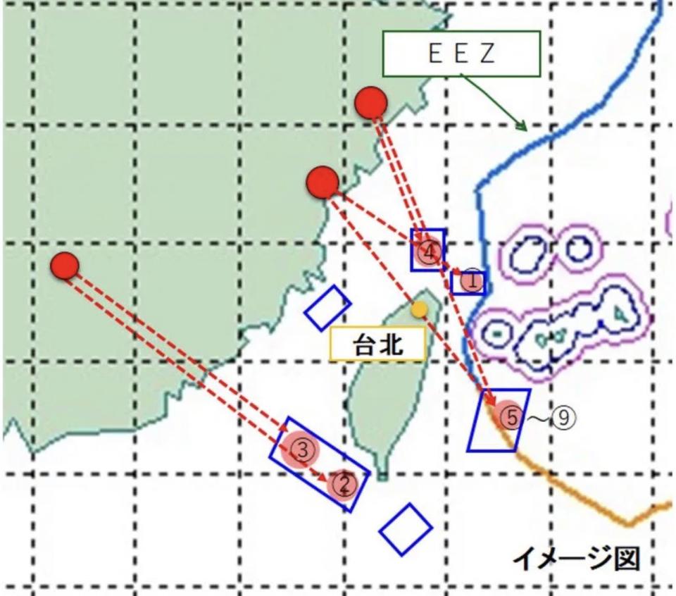 日本防衛廳4日公布的飛彈擾台路徑，其中數枚直接穿越台灣領空，經過大台北地區。   圖 : 翻攝自日本防衛廳