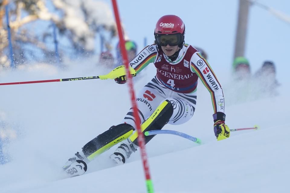 Germany's Lena Duerr speeds down the course during the first run of an alpine ski World Cup women's slalom race, in Levi, Finland, Sunday, Nov. 12, 2023. (AP Photo/Giovanni Auletta)