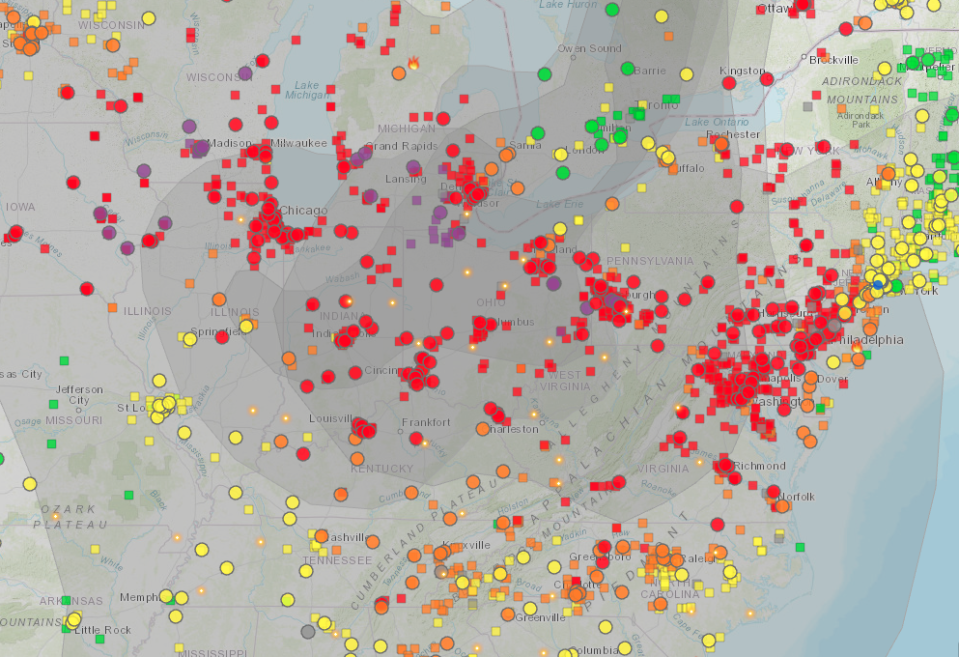 Air quality conditions and the spread of smoke from Canadian wildfires at midday on 29 June 2023 (AirNow)