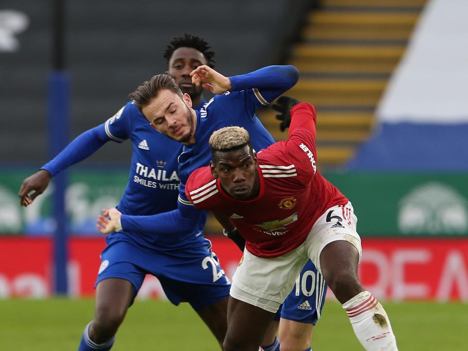 Paul Pogba vies for the ball against Leicester (Manchester United via Getty Imag)