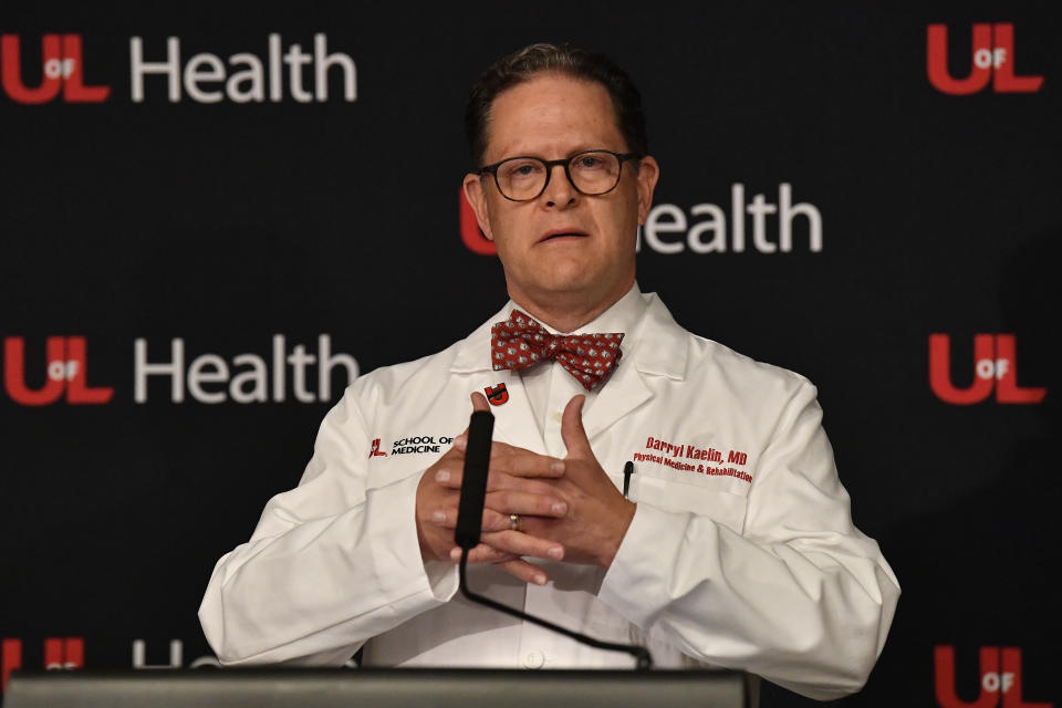 Dr. Darryl Kaelin, Medical Director of the University of Louisville - Frazier Rehabilitation Institute, speaks with reporters regarding the discharge of University of Virginia football player Perris Jones, Tuesday, Nov. 28, 2023, in Louisville, Ky. Jones was injured during an NCAA college football game against Louisville on Nov. 9. (AP Photo/Timothy D. Easley)