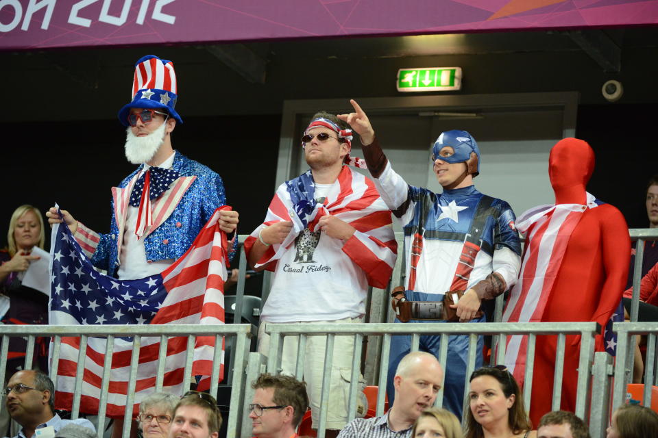 USA fans celebrate versus Croatia at the Olympic Park Basketball Arena during the London Olympic Games on July 28, 2012 in London, England. (Getty Images)