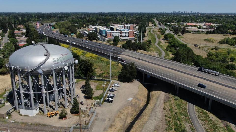 The Del Rio Trail, shown in a drone photo on Thursday, crosses under Interstate 5 near the Sacramento water tower at the southern end of its nearly five-mile route through the city.