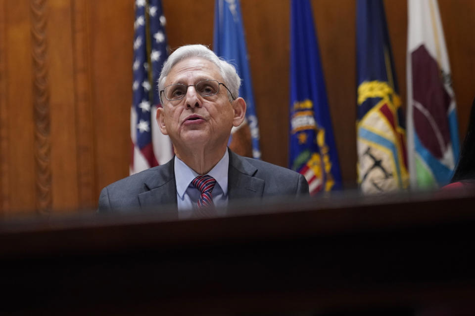 Attorney General Merrick Garland speaks during a Reproductive Rights Task Force meeting at the Department of Justice in Washington, Monday, Jan. 23, 2023. (AP Photo/Patrick Semansky)