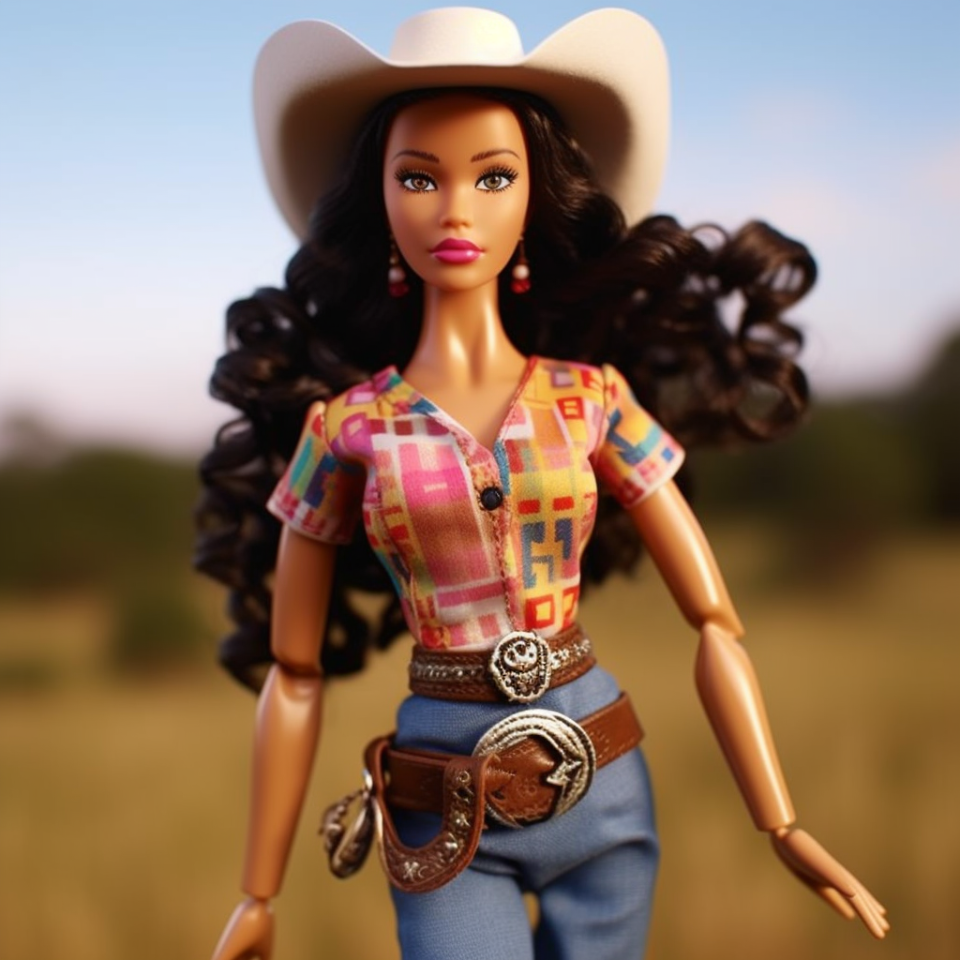 A Barbie standing in a field wearing a cowboy hat, dangly earrings, a printed shirt, jeans, and two belts