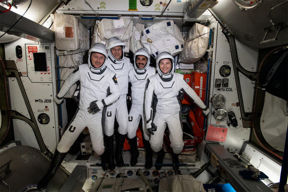 The returning Crew-3 astronauts, left to right: European Space Agency astronaut Matthias Maurer, Thomas Marshburn, Crew Dragon commander Raja Chari and Kayla Barron. / Credit: NASA