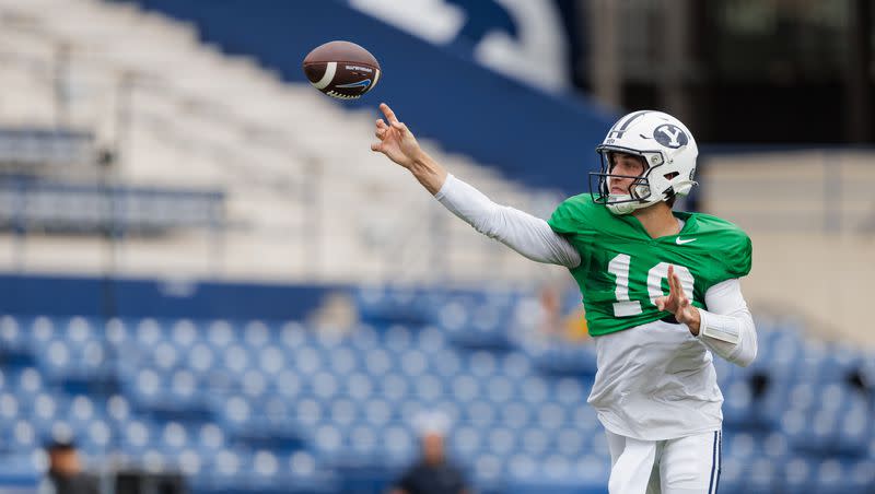 BYU quarterback Kedon Slovis throws a pass during the team’s scrimmage at LaVell Edwards Stadium in Provo on Saturday, Aug. 19, 2023.