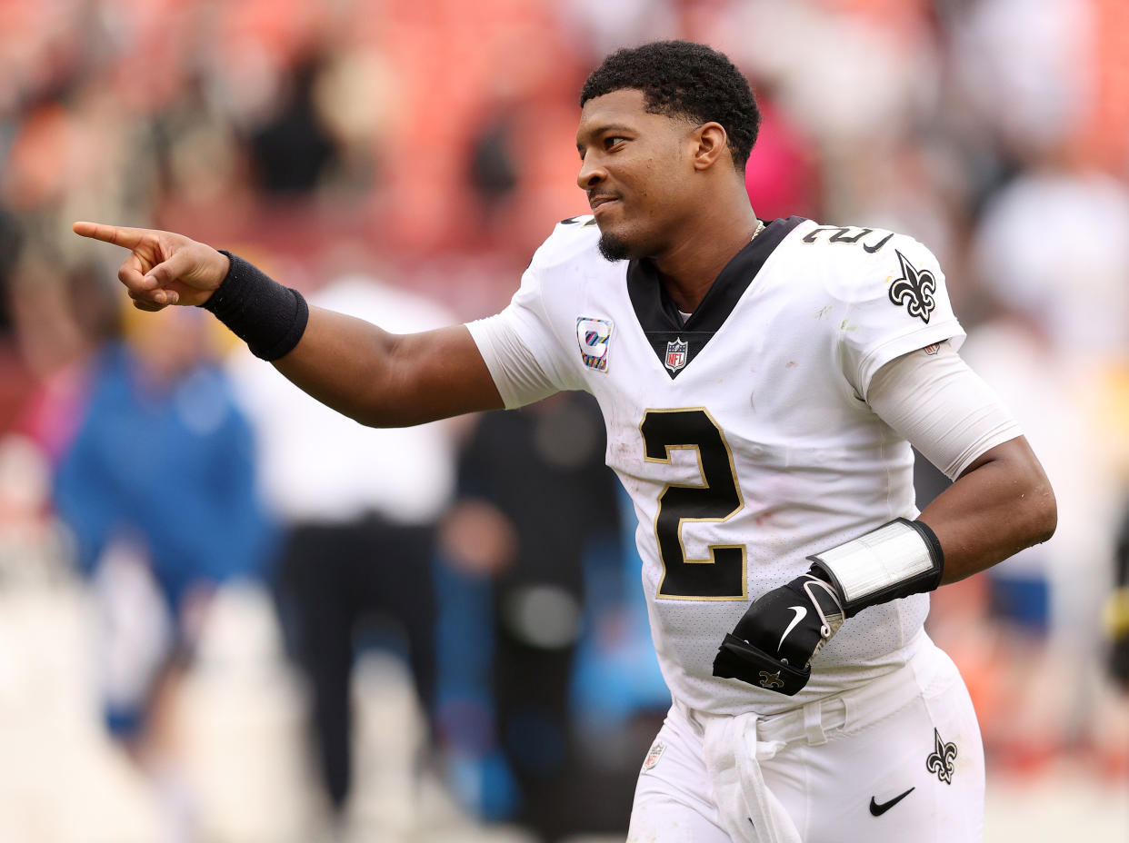 LANDOVER, MARYLAND - OCTOBER 10: Jameis Winston #2 of the New Orleans Saints celebrates after a game against the Washington Football Team at FedExField on October 10, 2021 in Landover, Maryland. (Photo by Patrick Smith/Getty Images)