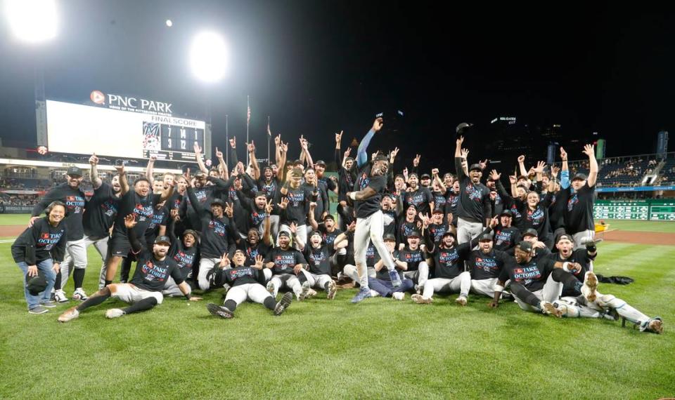 Sep 30, 2023; Pittsburgh, Pennsylvania, USA; The Miami Marlins celebrate on the field after defeating the Pittsburgh Pirates at PNC Park to secure a berth in the 2023 MLB playoffs. Miami won 7-4. Mandatory Credit: Charles LeClaire-USA TODAY Sports