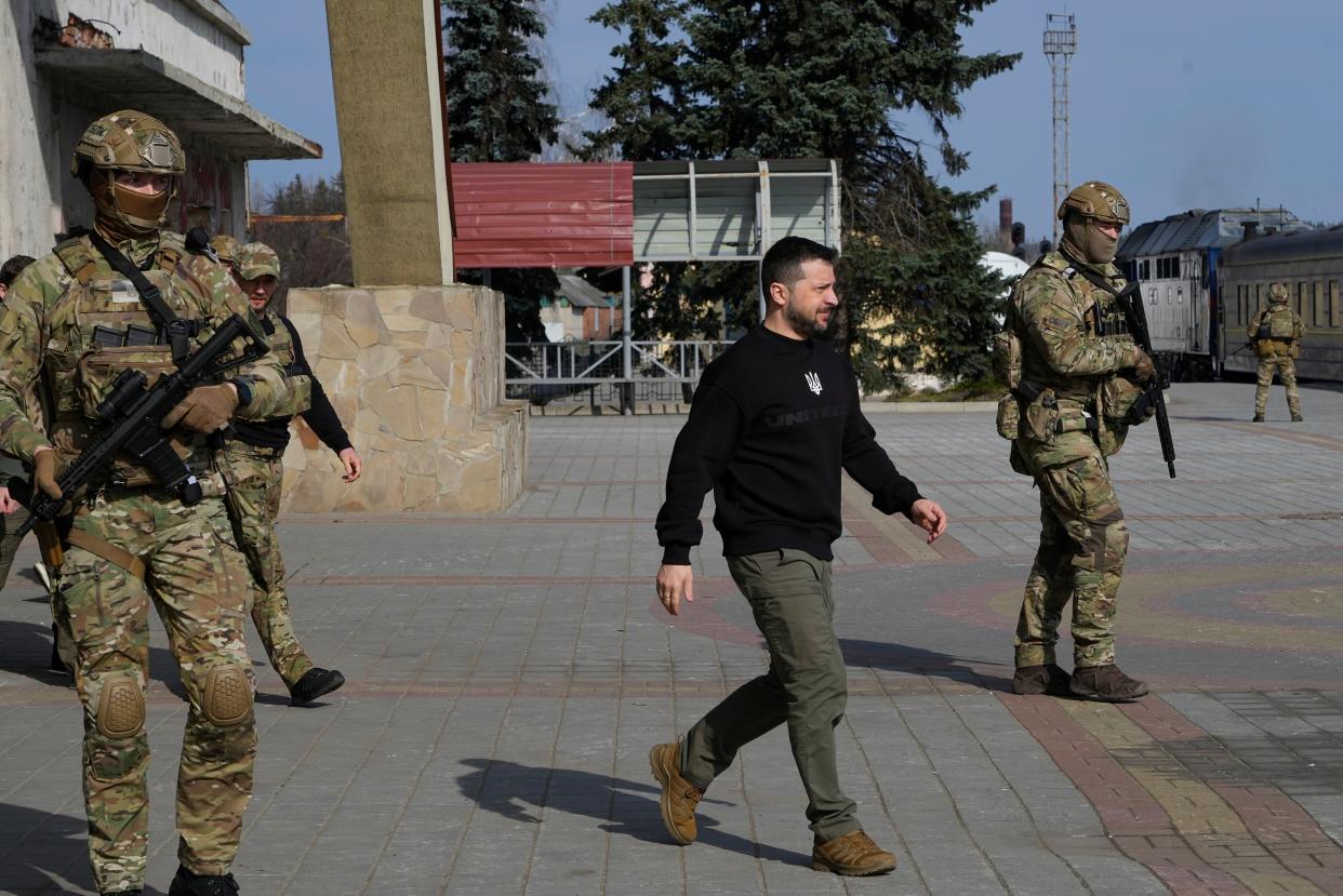 Ukrainian President Volodymyr Zelenskyy arrives at the train station in Trostianets in the Sumy region of Ukraine, (Copyright 2023 The Associated Press. All rights reserved)