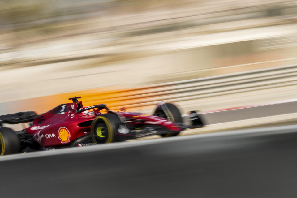 Ferrari driver Charles Leclerc of Monaco steers his car during the first free practice at the Formula One Bahrain International Circuit in Sakhir, Bahrain, Friday, March 18, 2022. (AP Photo/Hassan Ammar)