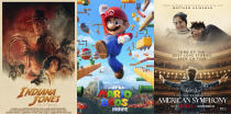 This combination of images shows promotional art for the film "Indiana Jones and the Dial of Destiny," streaming Dec. 1 on Disney+, left, “The Super Mario Bros. Movie," streaming Dec. 3 on Netflix, center, and “American Symphony” streaming Nov. 29 on Netflix. (Disney+/Netflix/Netflix via AP)