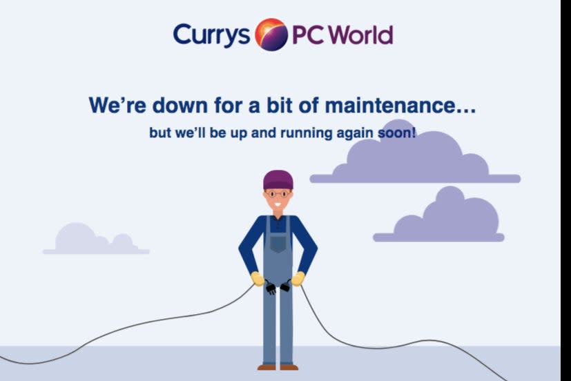 <p>An error message appeared on the site saying it would be up and running again soon</p> (Currys.co.uk)