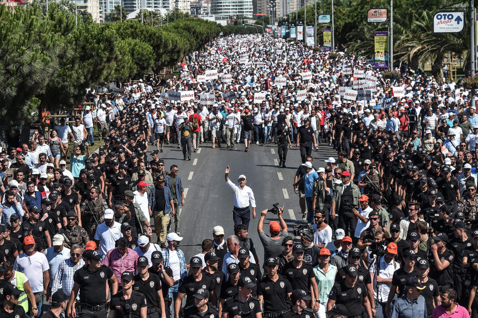 Kılıçdaroğlu, center, on the 24th day of the "March for Justice" in Istanbul on July 8, 2017. Kılıçdaroğlu led a march from Ankara to an Istanbul prison to protest the conviction of a lawmaker and the erosion of laws under President Recep Tayyip Erdogan.<span class="copyright">Ozan Kose—AFP/Getty Images</span>