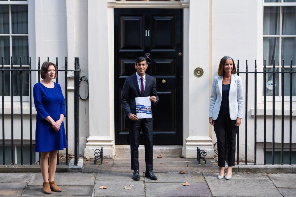 The Chancellor with Frances O'Grady of the TUC and Carolyn Fairbairn of the CBI. The fact that the new short-time working scheme has the broad support of the trade unions and the business lobby groups is hopeful (PA)