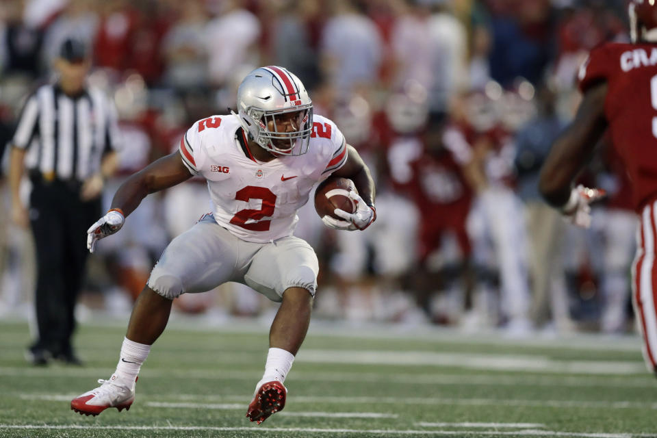 Ohio State’s J.K. Dobbins ran for 181 yards in the Buckeyes’ 49-21 victory over Indiana. (AP)