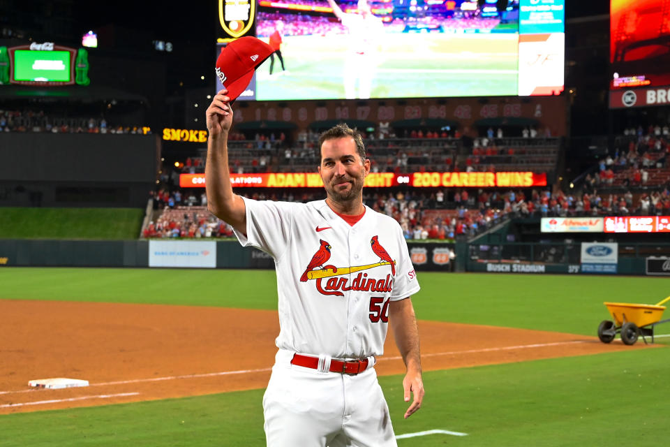 聖路易紅雀投手Adam Wainwright生涯200勝終於入手。（MLB Photo by Joe Puetz/Getty Images）