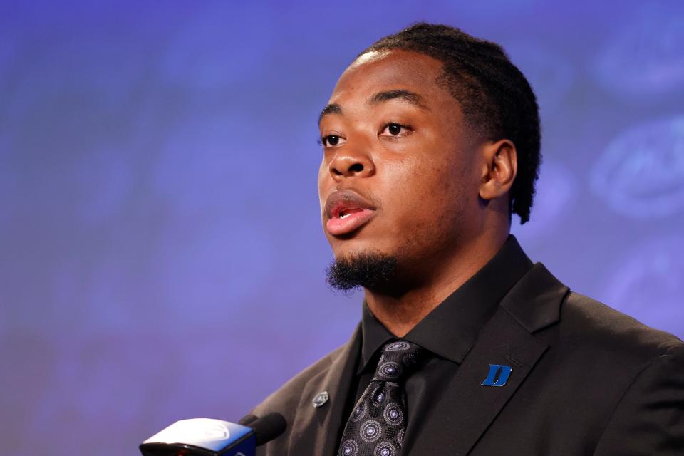 Duke linebacker Shaka Heyward answers a question at the NCAA college football Atlantic Coast Conference Media Days in Charlotte, N.C., Thursday, July 21, 2022. (AP Photo/Nell Redmond)