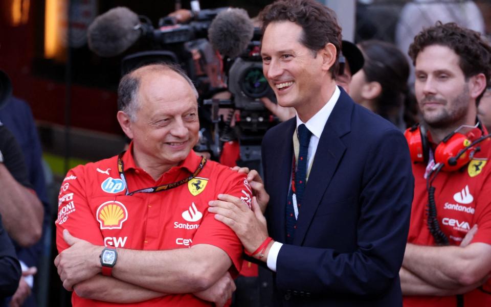 Ferrari team principal Frederic Vasseur and executive director John Elkann after Charles Leclerc wins the Monaco Grand Prix