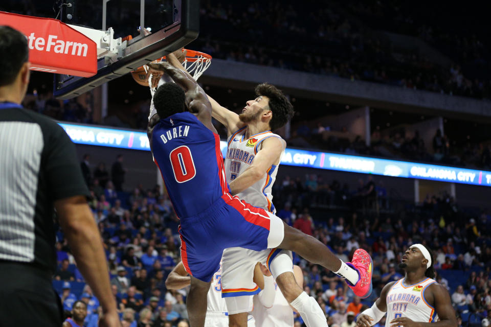 Oct 19, 2023; Tulsa, Oklahoma, USA; Oklahoma City Thunder forward Chet Holmgren (7) blocks the shot of Detroit Pistons center <a class="link " href="https://sports.yahoo.com/nba/players/6703" data-i13n="sec:content-canvas;subsec:anchor_text;elm:context_link" data-ylk="slk:Jalen Duren;sec:content-canvas;subsec:anchor_text;elm:context_link;itc:0">Jalen Duren</a> (0) in the first half at BOK Center. Mandatory Credit: Joey Johnson-USA TODAY Sports