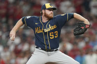 Milwaukee Brewers starting pitcher Brandon Woodruff (53) works against the Atlanta Braves during the seventh inning of Game 4 of a baseball National League Division Series, Tuesday, Oct. 12, 2021, in Atlanta. (AP Photo/Brynn Anderson)