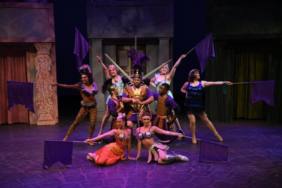 Dante Murray, center, sings "Bring Me My Bride" as Miles Glorious in "A Funny Thing Happened on the Way to the Forum" at Porthouse Theatre in Cuyahoga Falls.