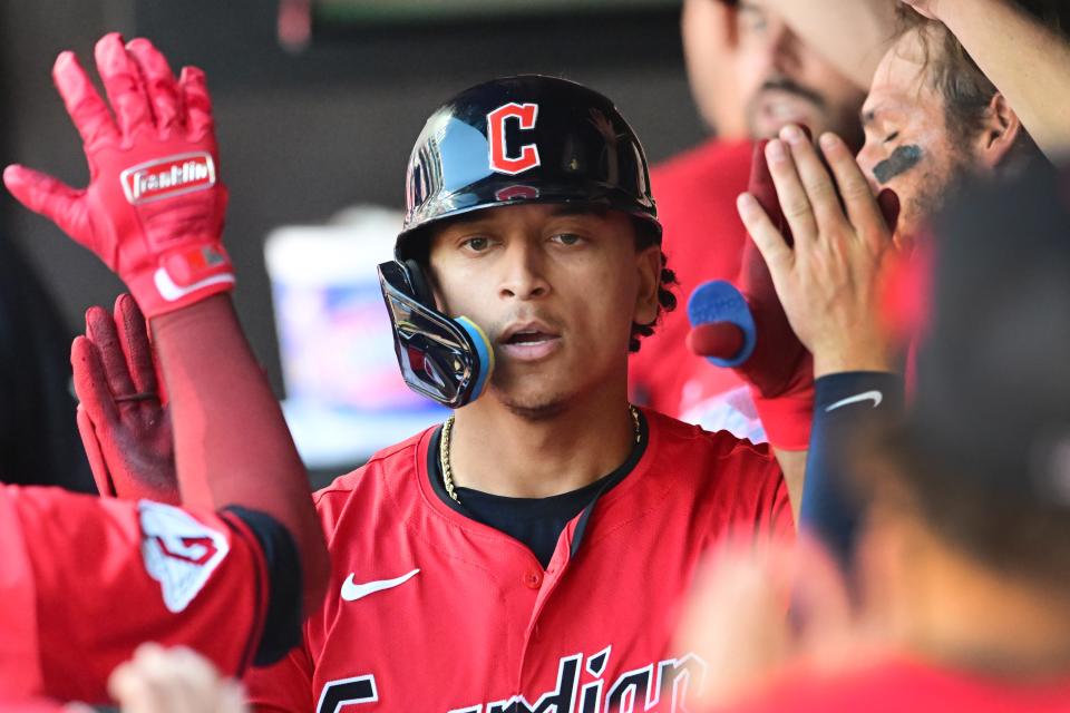 Aug 28, 2024; Cleveland, Ohio, USA; Cleveland Guardians catcher Bo Naylor (23) celebrates after hitting a home run during the seventh inning against the Kansas City Royals at Progressive Field. Mandatory Credit: Ken Blaze-USA TODAY Sports