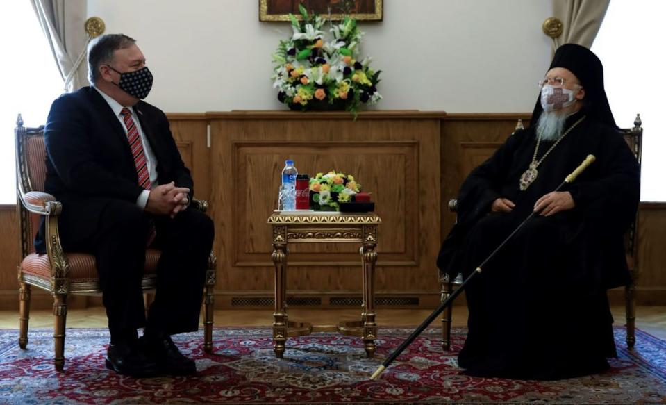 Mike Pompeo meets with Patriarch Bartholomew I, spiritual leader of the Greek Orthodox world, during a 2020 meeting on religious freedom. <a href="https://www.gettyimages.com/detail/news-photo/secretary-of-state-mike-pompeo-meets-with-ecumenical-news-photo/1229649295?adppopup=true" rel="nofollow noopener" target="_blank" data-ylk="slk:Umit Bektas/Pool/AFP via Getty Images;elm:context_link;itc:0;sec:content-canvas" class="link ">Umit Bektas/Pool/AFP via Getty Images</a>