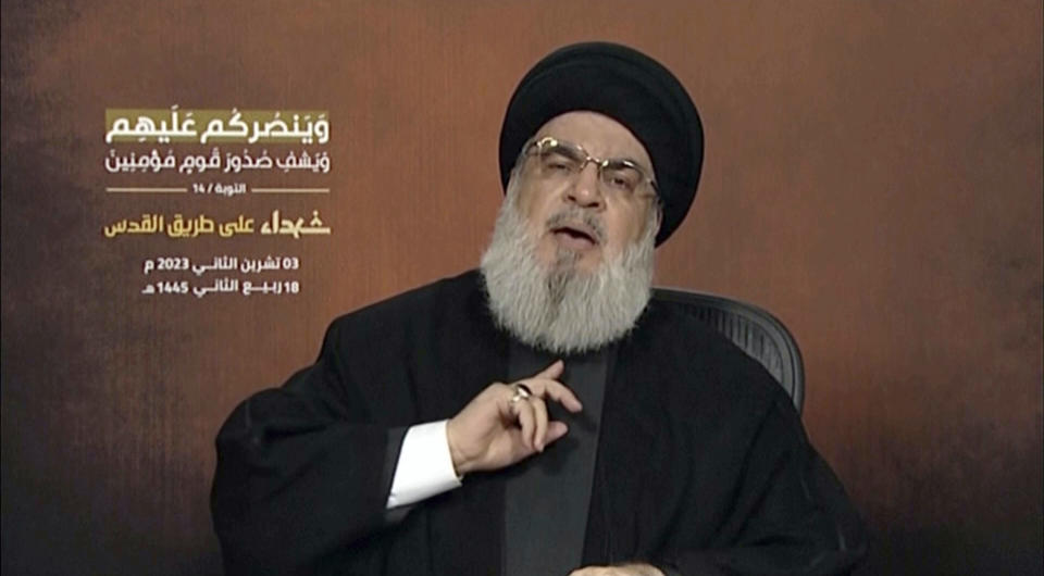 This video grab shows Hezbollah leader Sayyed Hassan Nasrallah speaking via a video link, during a rally in Beirut, Friday, Nov. 3, 2023. Nasrallah said Friday that his powerful militia is already engaged in unprecedent cross-border fighting with Israel along the Lebanon-Israel border and threatened a further escalation as the four-week-long Israel-Hamas war rages on. (Al Manar TV via AP)