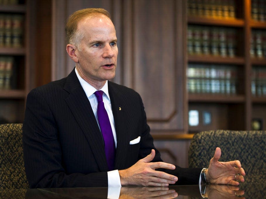 In this Oct. 17, 2018 photo, U.S. Attorney William McSwain speaks during an interview with The Associated Press in Philadelphia.