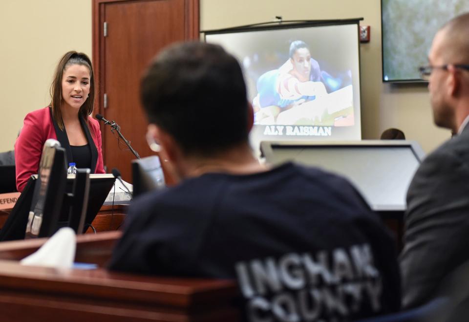 Former olympian Aly Raisman confronts Larry Nassar in Circuit Judge Rosemarie Aquilina's courtroom on Jan. 19, 2018 during the fourth day of victim impact statements regarding former sports medicine doctor, who pled guilty to seven counts of sexual assault in Ingham County, and three in Eaton County.