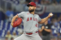 Los Angeles Angels starting pitcher Patrick Sandoval (43) aims a pitch during the first inning of a baseball game against the Miami Marlins, Wednesday, April 3, 2024, in Miami. The Angels defeated the Marlins 10-2. (AP Photo/Marta Lavandier)