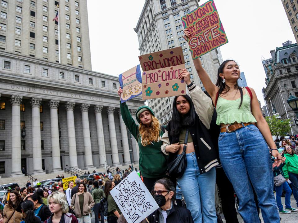 People attend a protest in Manhattan to show support for abortion rights in the United States on May 3, 2022.